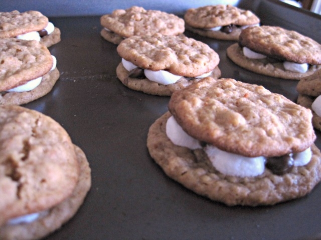 S'More Cookies on a cookie sheet-- ready to eat! Cute cookies look like smores s'mores campfire dessert summer summertime vacation