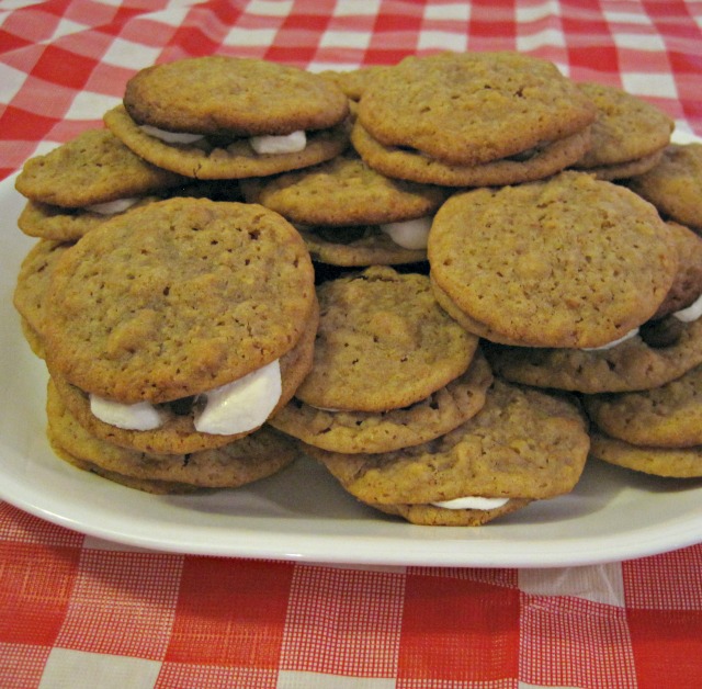 What camping trip is complete without s'mores? S'More Cookies are a perfect edition to a Retro RV Camping party! Smore cookies on checked tablecloth